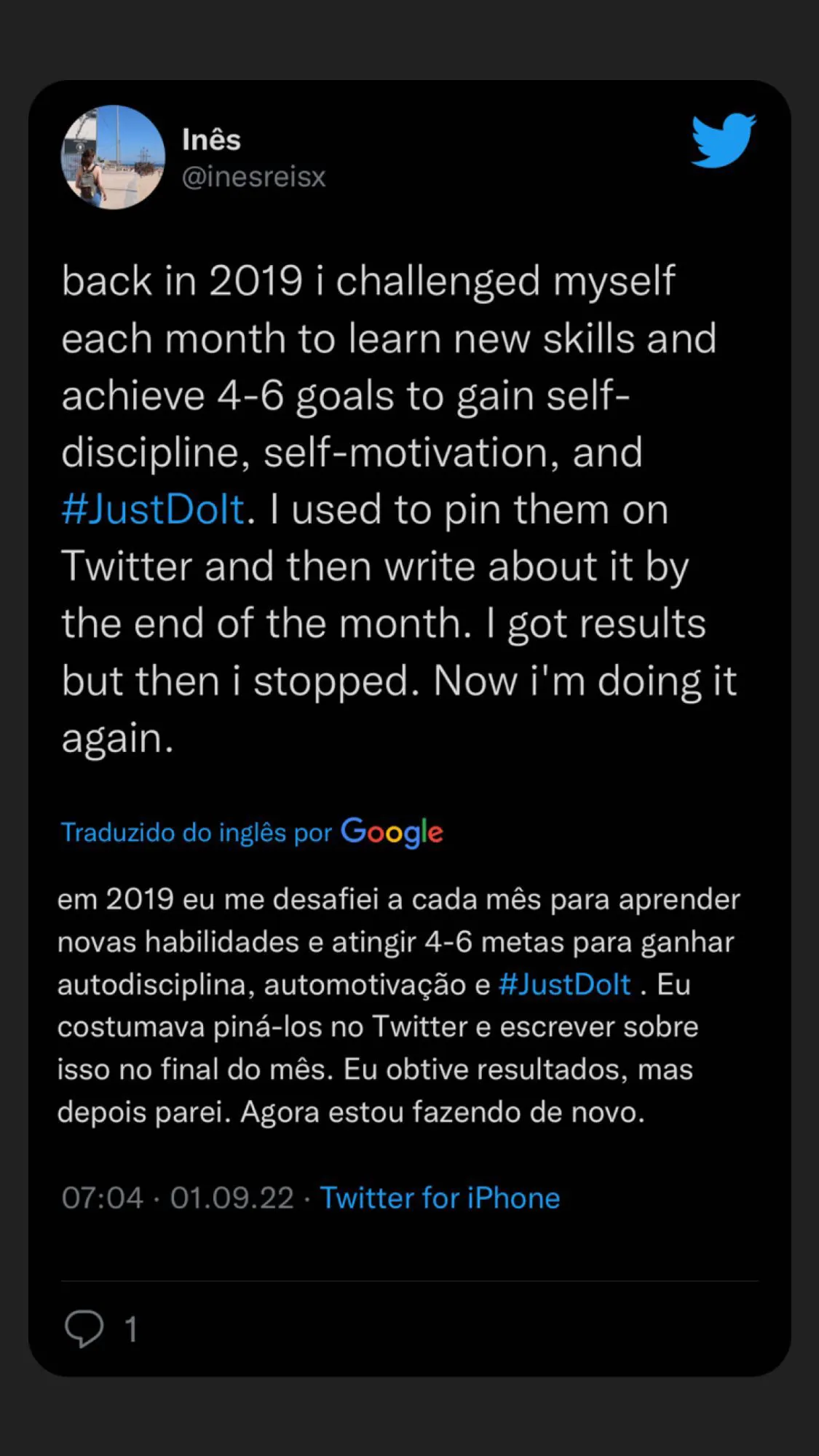 Screenshot of an old One Day or Day One goals post on Twitter (1 of 3)