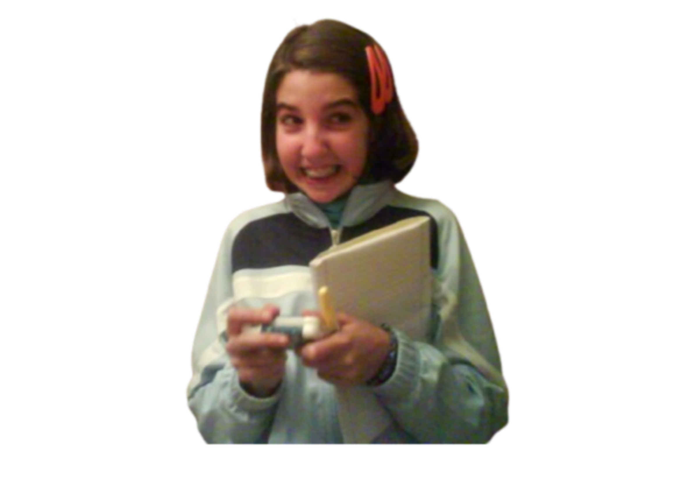 Young Inês holding a notebook and pen (sticker)